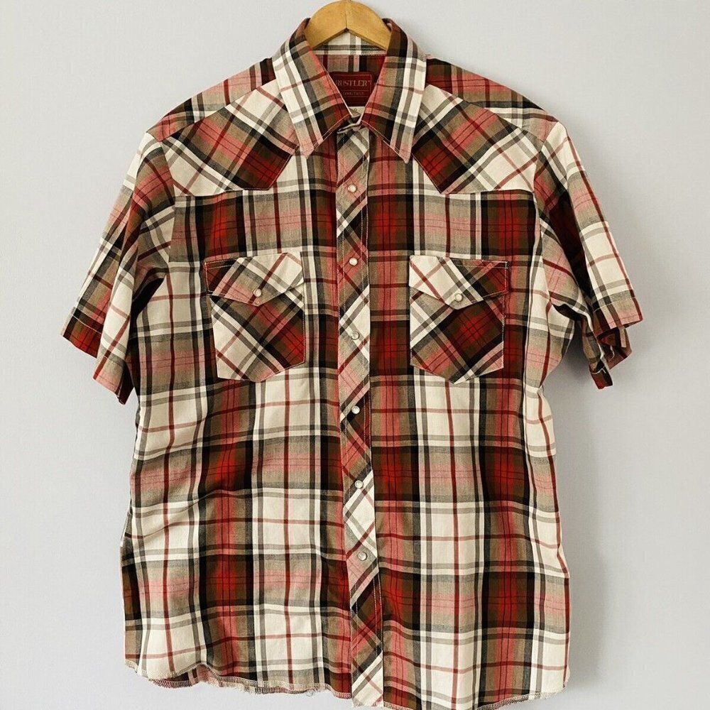 Rustler X-Long Tails Western Pearl Snap Red Plaid Short Sleeve Shirt Mens Large